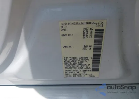 2016 Nissan Altima 2.5 Sr from USA, damaged, VIN 1N4AL3AP7GC219688